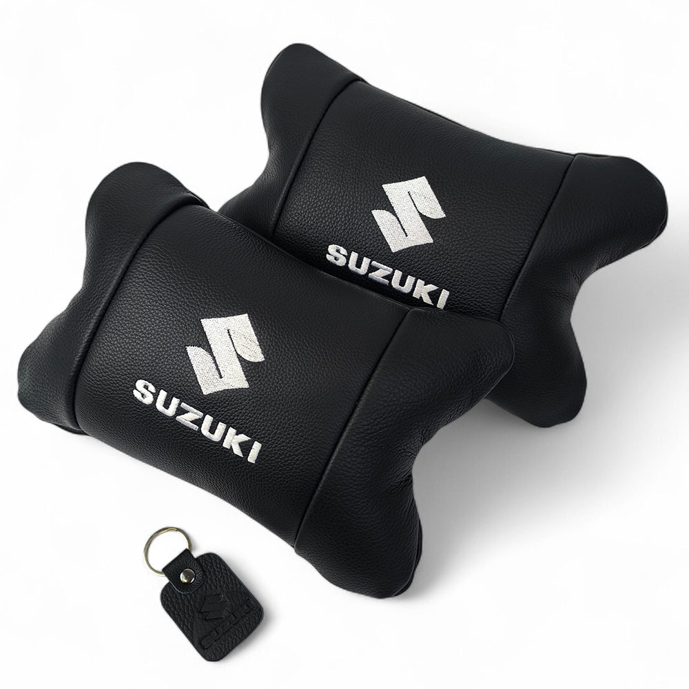 Набор кожаных подушек Suzuki с вышивкой логотипа + брелок в подарок для авто