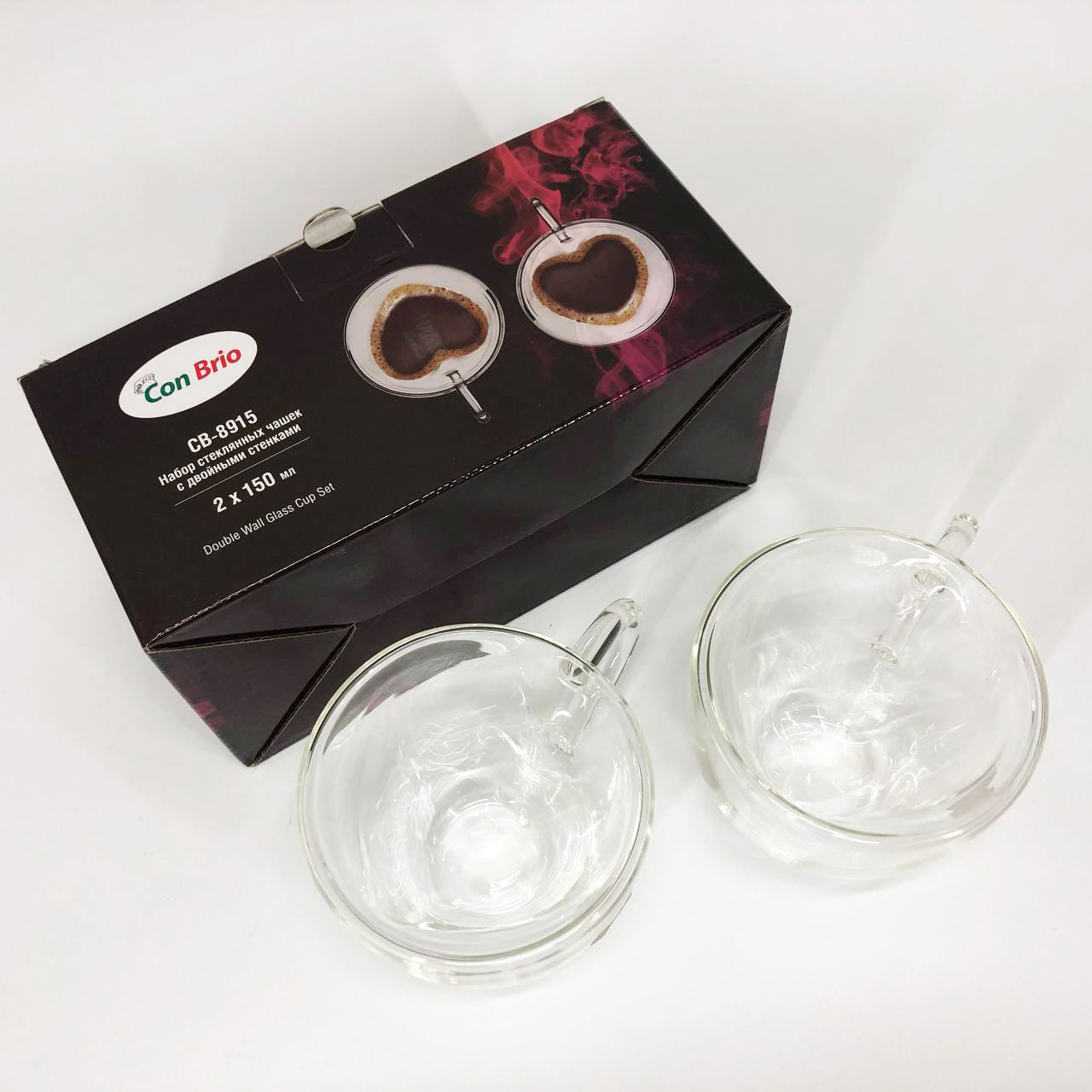 Набор чашек с двойными стенками 2 шт 150 мл Con Brio CB 8915-2, Стеклянные чашки с двойным дном