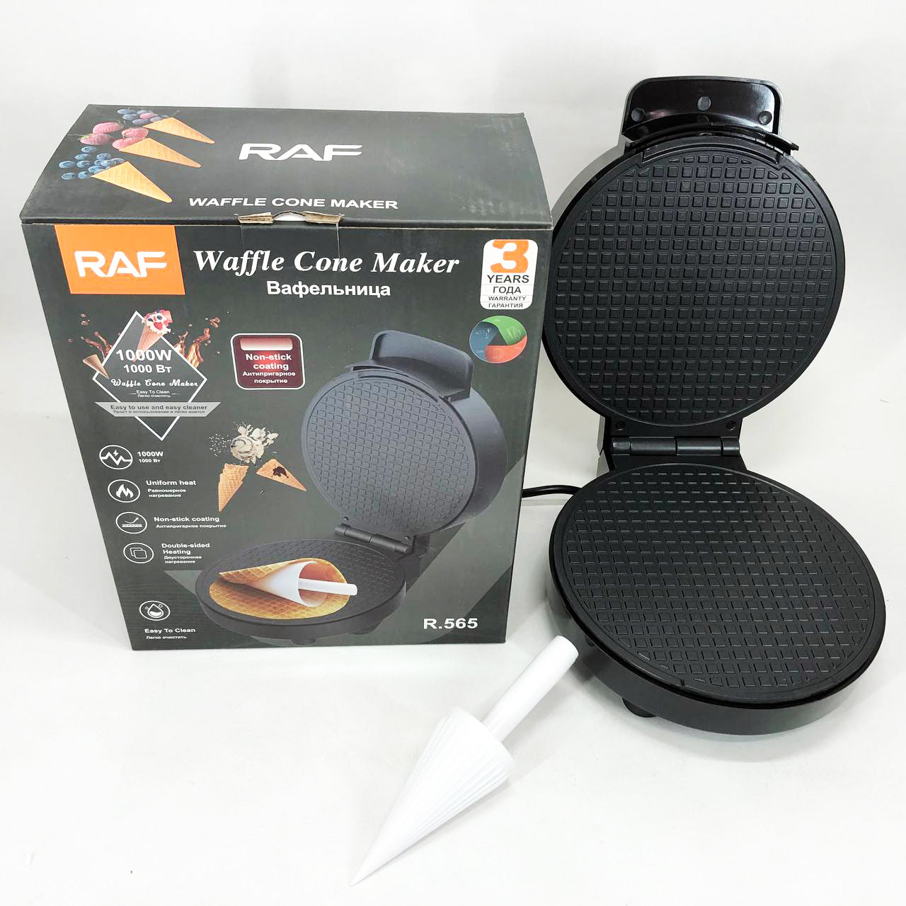 Электрическая вафельница RAF R.565 с антипригарным покрытием и конусом для трубочек