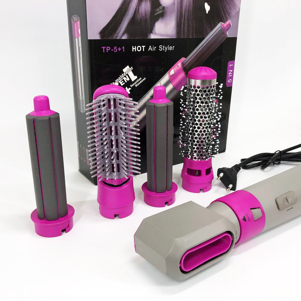 Фен-щетка стайлер 5 в 1 мультистайлер для завивки и укладки волос воздушный с насадками