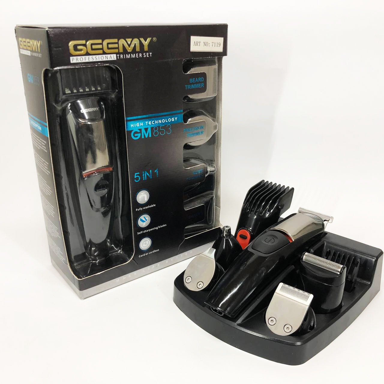 Машинка для стрижки 5в1 Geemy GM-853 стайлер, бритва, триммер на аккумуляторе нержавеющая сталь 6 насадок