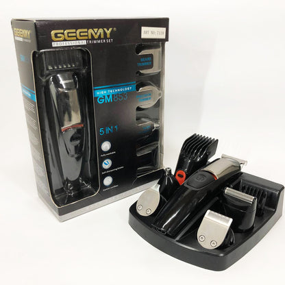Машинка для стрижки 5в1 Geemy GM-853 стайлер, бритва, триммер на аккумуляторе нержавеющая сталь 6 насадок