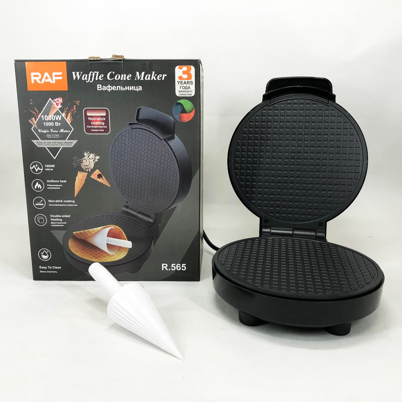 Электрическая вафельница RAF R.565 с антипригарным покрытием и конусом для трубочек