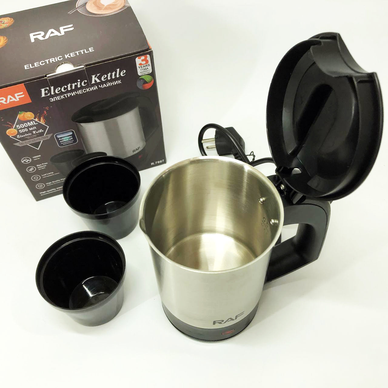 Электрочайник от 220В компактный RAF R-7887 с двумя чашками в комплекте 1000 Вт