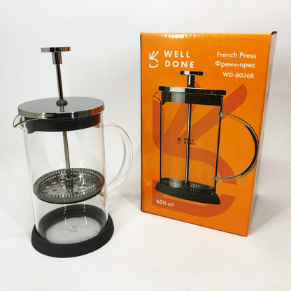 Френч-пресс Well Done WD-8036B из термостойкого стекла 600 мл, Чайник для заваривания трав прозрачный