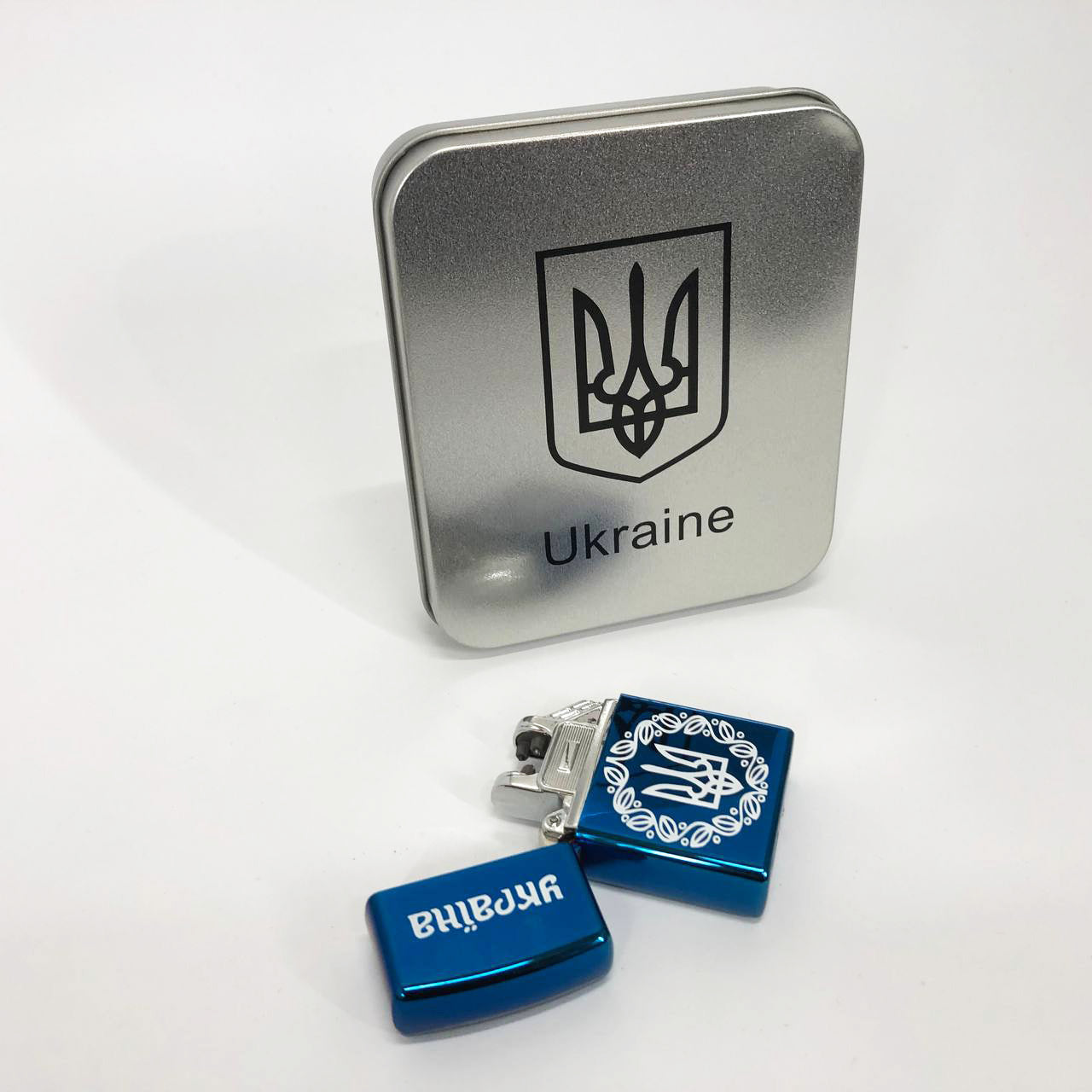 Дуговая электроимпульсная USB зажигалка Украина металлическая коробка HL-447. Цвет: синий