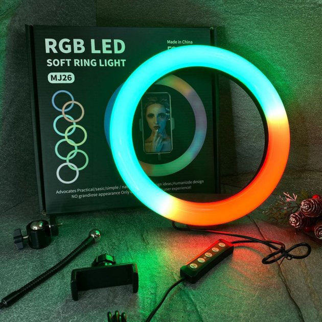 Кольцевая светодиодная лампа RGB LED RING MJ26 26 см с держателем телефона, кольцевая лампа большая