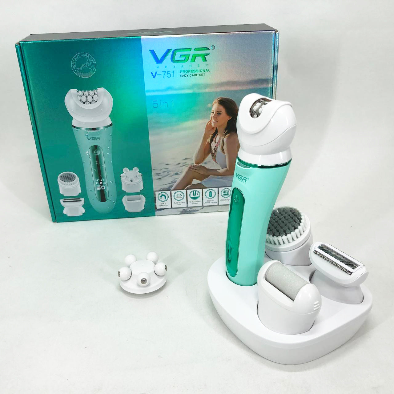 Эпилятор VGR 5 в 1 V-751, 5 насадок. Цвет: зеленый