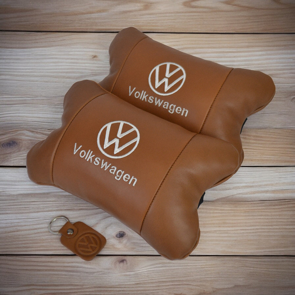 Набор подушек 2шт для автомобиля Volkswagen из натуральной коричневой кожи. Подушки на подголовник