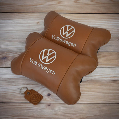Набор подушек 2шт для автомобиля Volkswagen из натуральной коричневой кожи. Подушки на подголовник