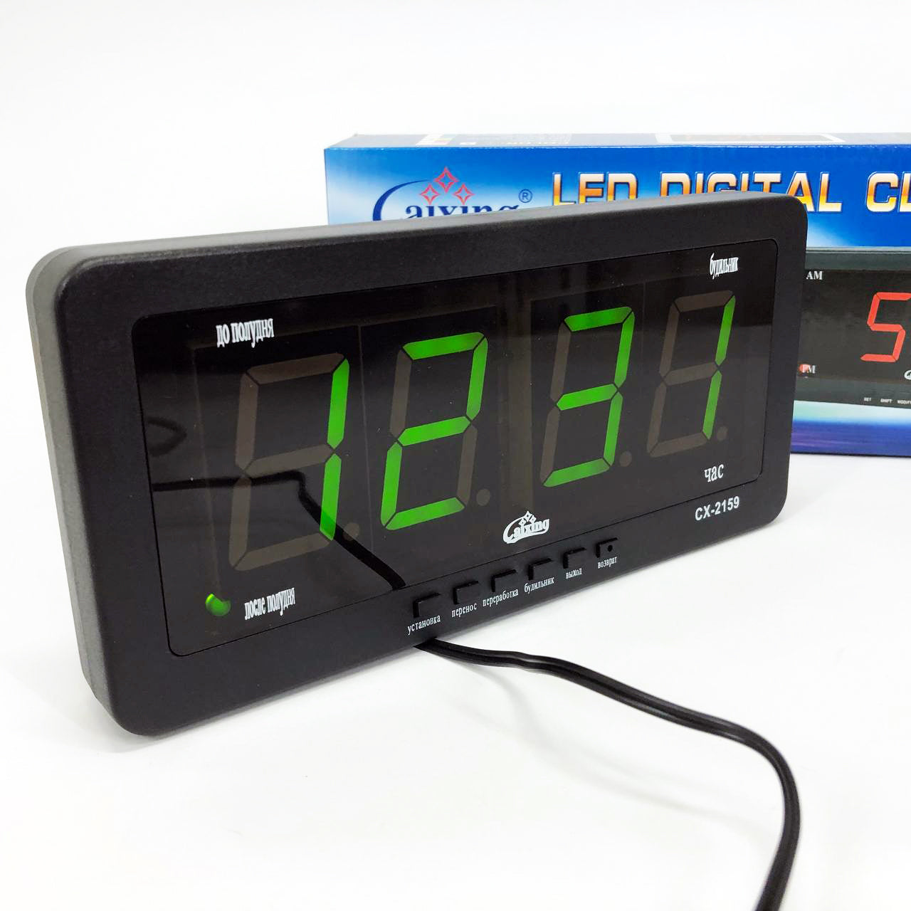 Часы электронные Caixing CX 2159 12В 220В Настольные Настенные Будильник Черный корпус Зеленые цифры