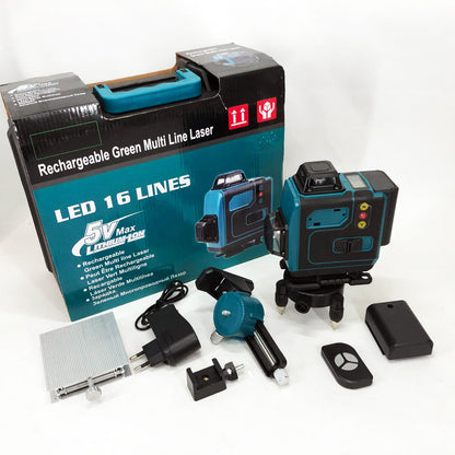 Уровень лазерный линейный нивелир аккумуляторный Laser 4D, 16 линий, рабочее растояние 30м, в чемодане
