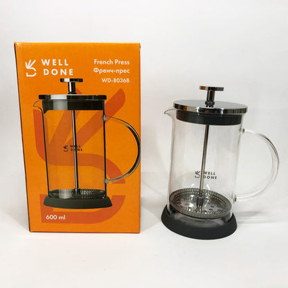 Френч-пресс Well Done WD-8036B из термостойкого стекла 600 мл, Чайник для заваривания трав прозрачный