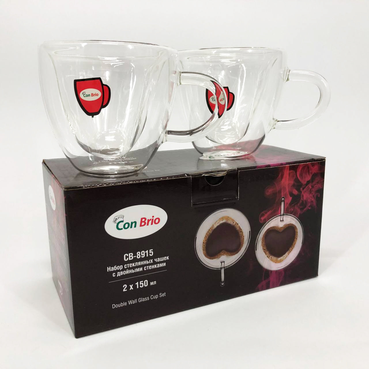 Набор чашек с двойными стенками 2 шт 150 мл Con Brio CB 8915-2, Стеклянные чашки с двойным дном