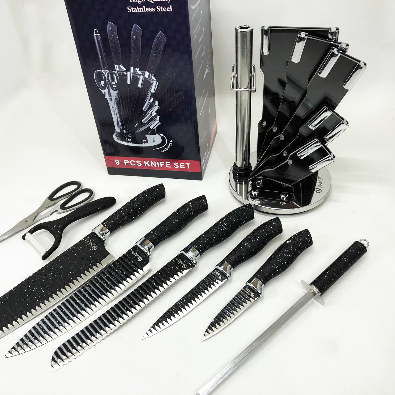 Набор ножей UNIQUE UN-1831, 9 предметов, с подставкой, нержавеющая сталь, с овощечисткой, черный