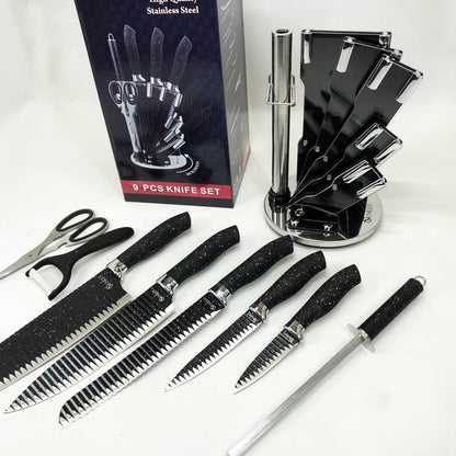 Набор ножей UNIQUE UN-1831, 9 предметов, с подставкой, нержавеющая сталь, с овощечисткой, черный