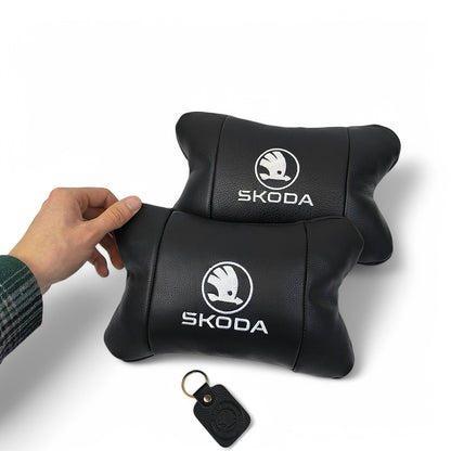 Автомобильные подушки 2 шт на подголовник Skoda / Вред, из натуральной кожи, стильный аксессуар для вашего авто