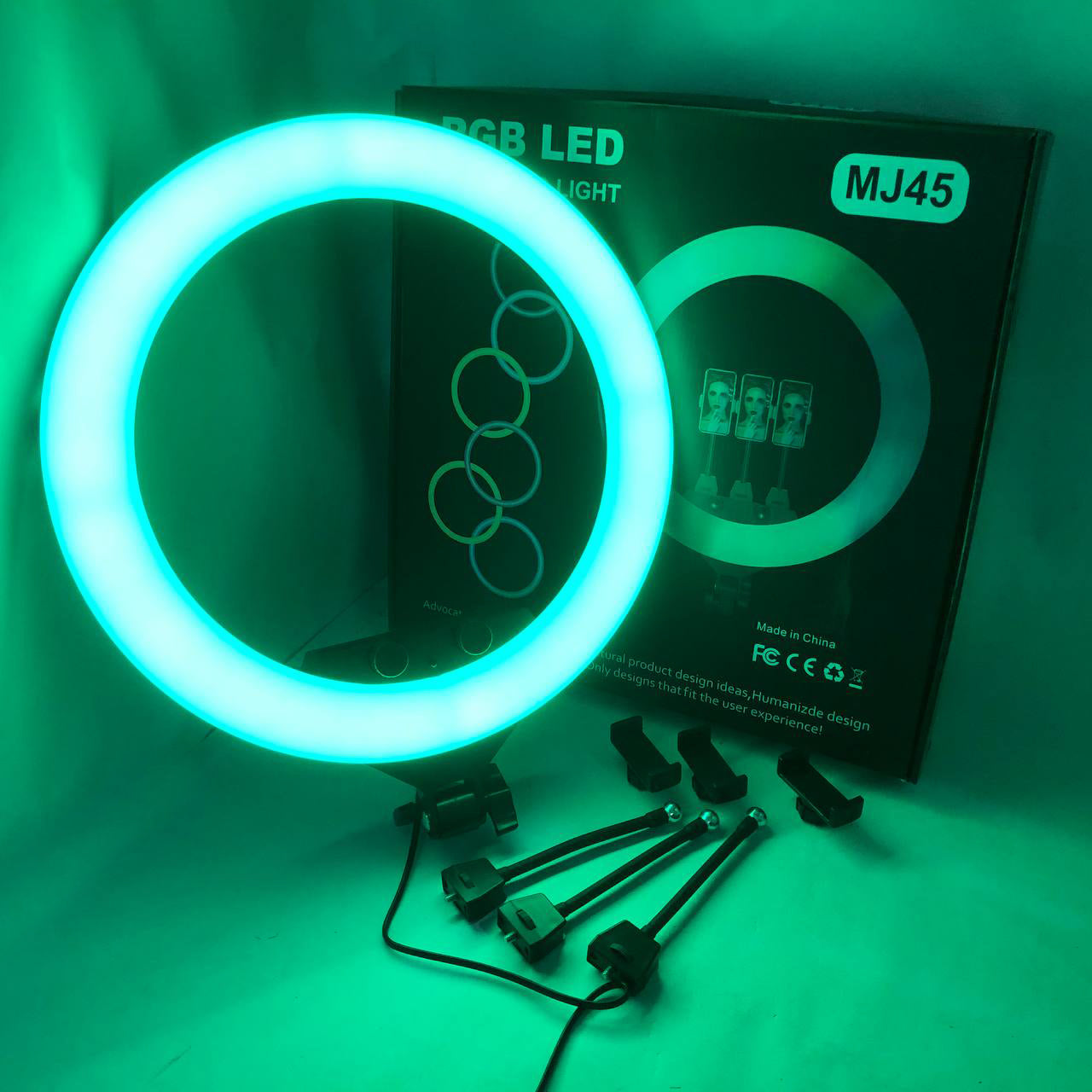Кольцевая LED лампа RGB MJ45 Ring 45 см комплектация адаптер со встроенным кабелем, держатели для телефона, пульт