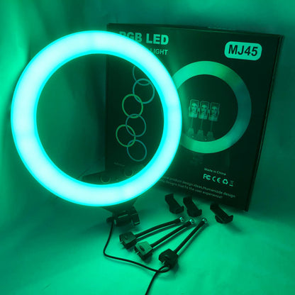 Кольцевая LED лампа RGB MJ45 Ring 45 см комплектация адаптер со встроенным кабелем, держатели для телефона, пульт