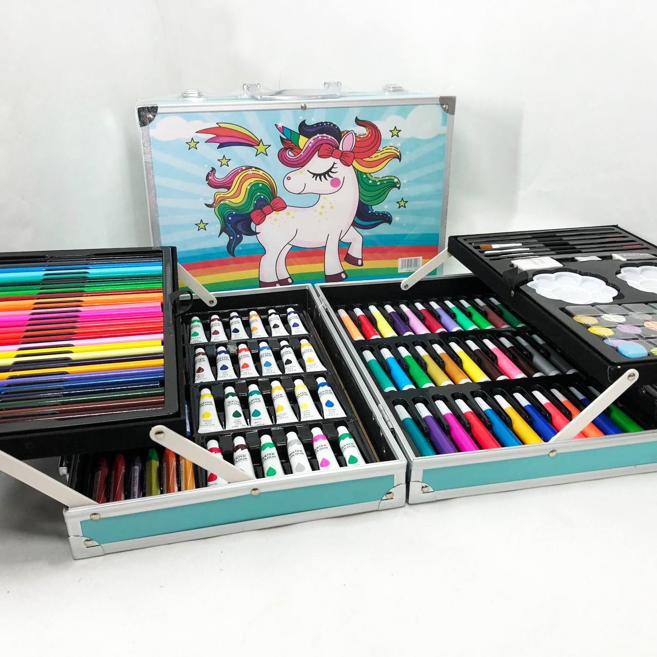 Набор для творчества в алюминиевом чемодане Единорог 145 предметов, чемодан для рисования детский кейс. Цвет: голубой