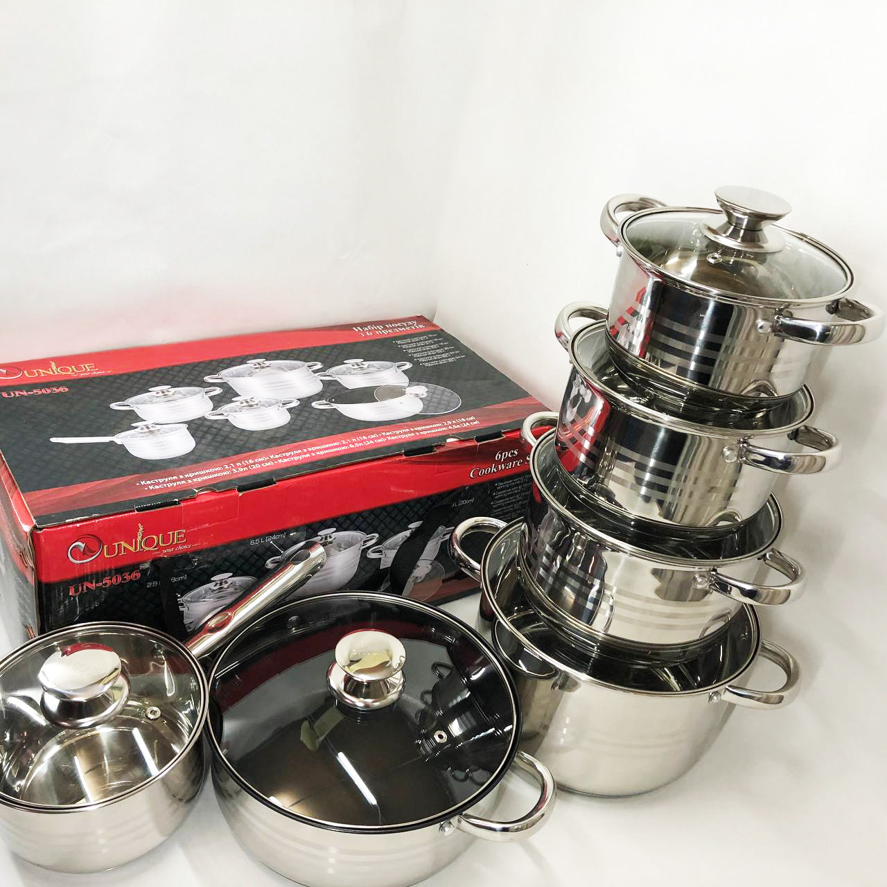 Набор посуды UNIQUE UN-5036 из нержавеющей стали с толстым 5-ти слойным дном с крышками стеклянными 12 предметов