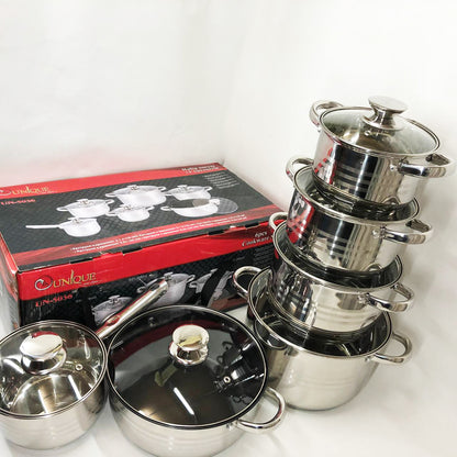 Набор посуды UNIQUE UN-5036 из нержавеющей стали с толстым 5-ти слойным дном с крышками стеклянными 12 предметов