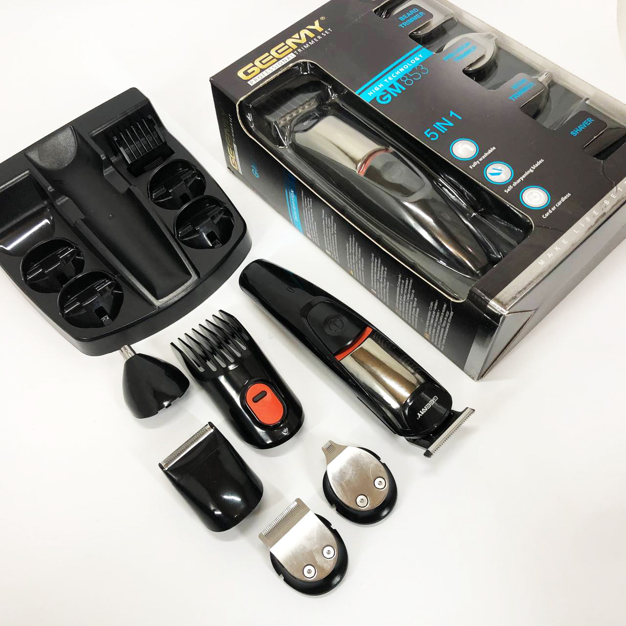 Машинка для стрижки 5в1 Geemy GM-853 стайлер, бритва, триммер на аккумуляторе нержавеющая сталь 6 насадок