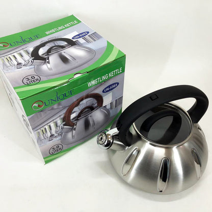 Чайник со свистком Unique UN-5303 кухонный на 3 литра, металический чайник из нержавейки. Цвет: черный