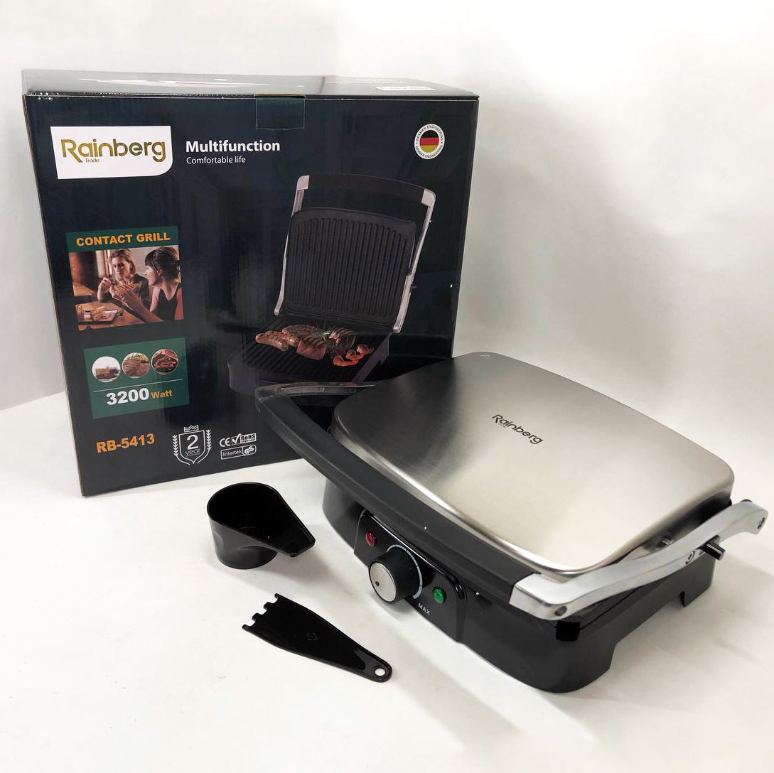 Гриль прижимной Rainberg RB-5413 терморегулятор антипригарный 3200 Вт нержавеющая сталь