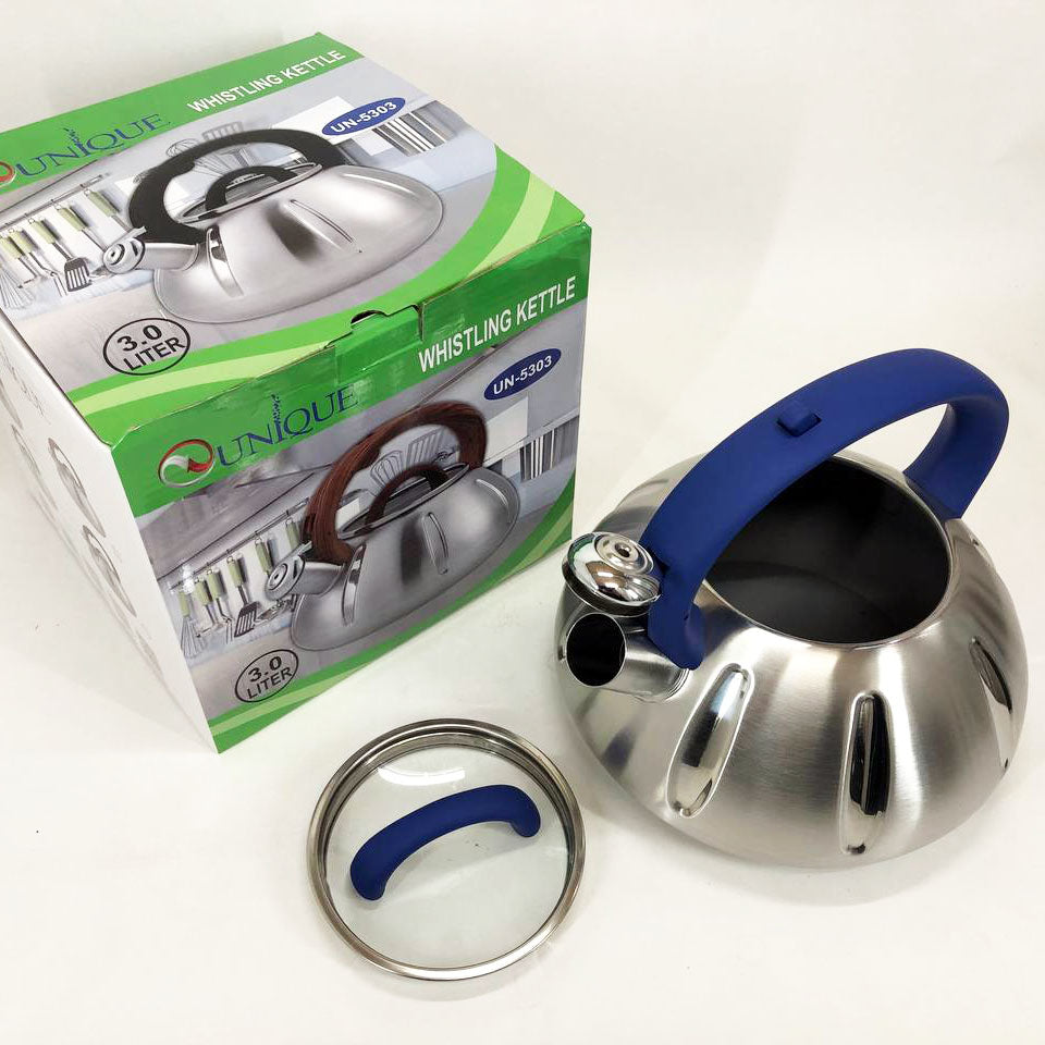 Чайник со свистком Unique UN-5303 кухонный на 3 литра, чайник для газовой плитки. Цвет: синий