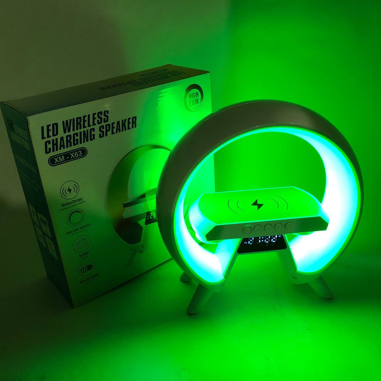 LED Лампа ночник с беспроводной зарядкой и Bluetooth динамиком G-Lite XM-X63, Часы хамелеон с будильник