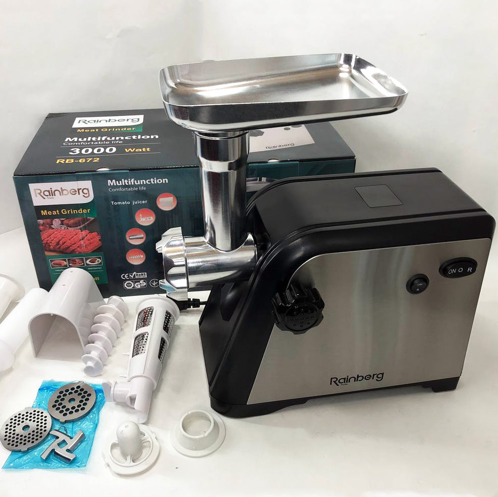 Мясорубка Rainberg RB-672 3000W электрическая с реверсом и соковыжималкой, мясорубка электрическая металл