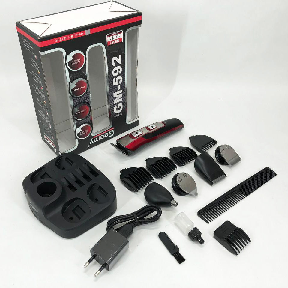 Машинка для стрижки 10в1 GEMEI GM-592, окантовочная машинка, подстригательная машинка. Цвет: красный