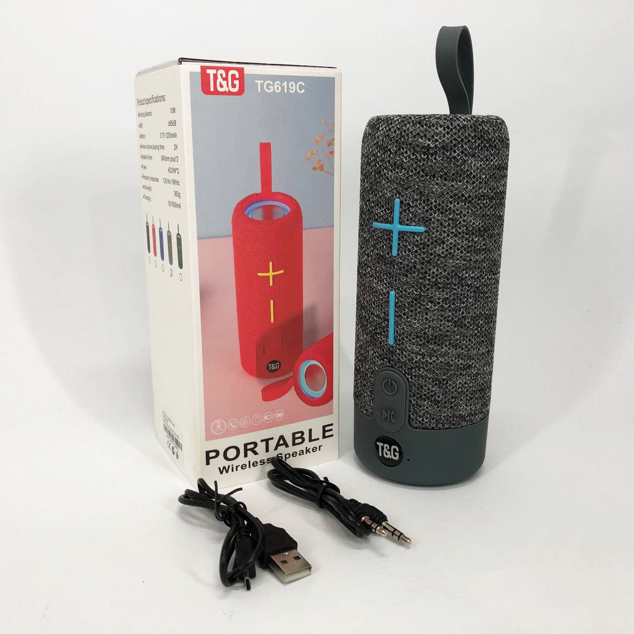 Портативная Bluetooth колонка TG619C FM-радио USB/TF с ремешком, Блютуз колонка с подсветкой. Цвет: серый