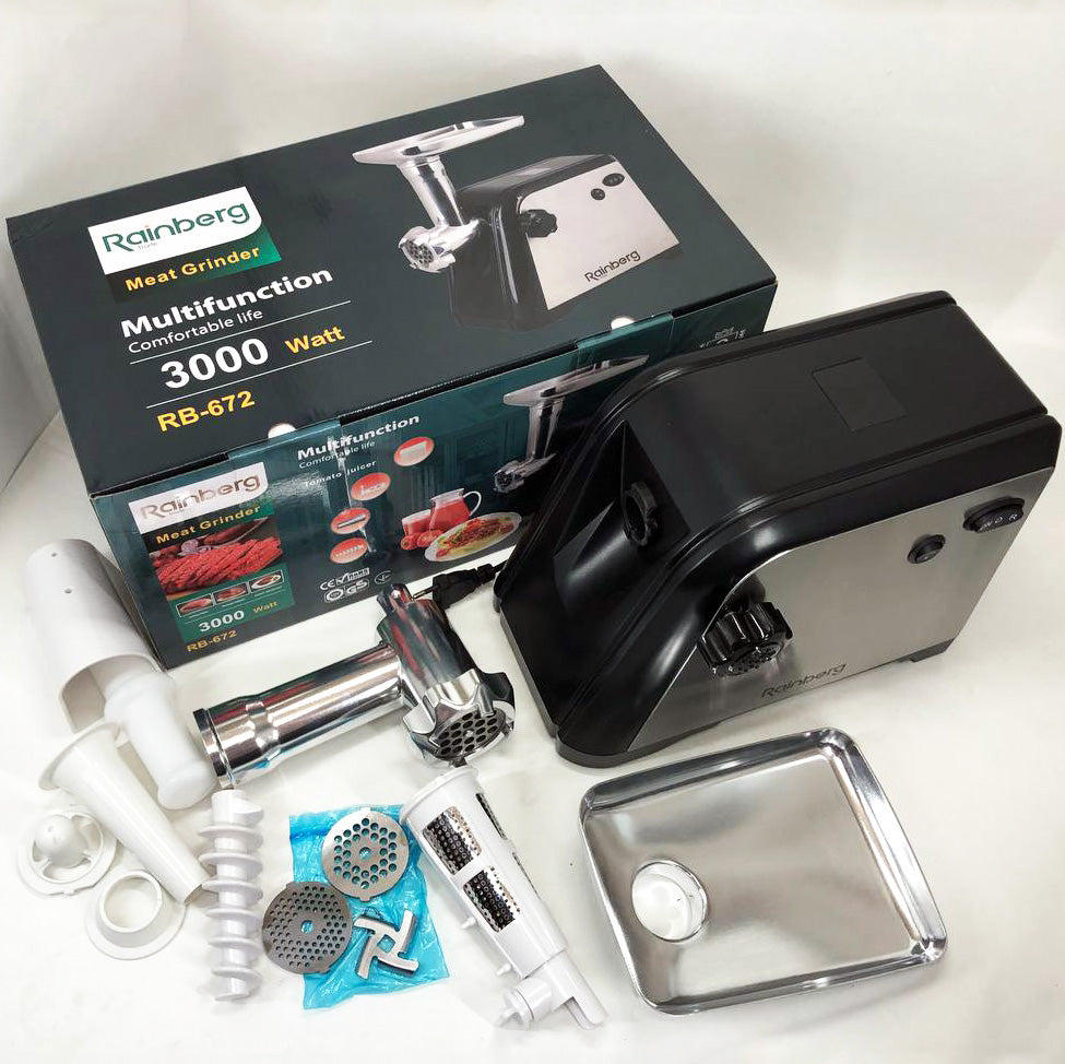 Мясорубка Rainberg RB-672 3000W электрическая с реверсом и соковыжималкой, мясорубка электрическая металл
