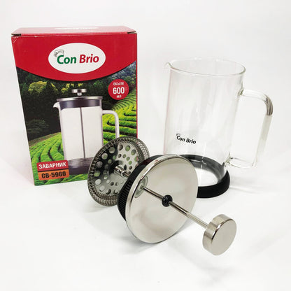 Френч-пресс Con Brio СВ-5960 600 мл, Стильный чайник для заварки, Стильный стеклянный заварочный чайник