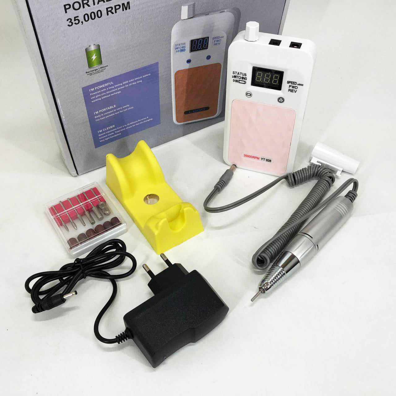 Портативный Фрезер для ногтей Nail Drill YT-928 аккумуляторный с индикатором заряда на 35 000 оборотов. Цвет: белый