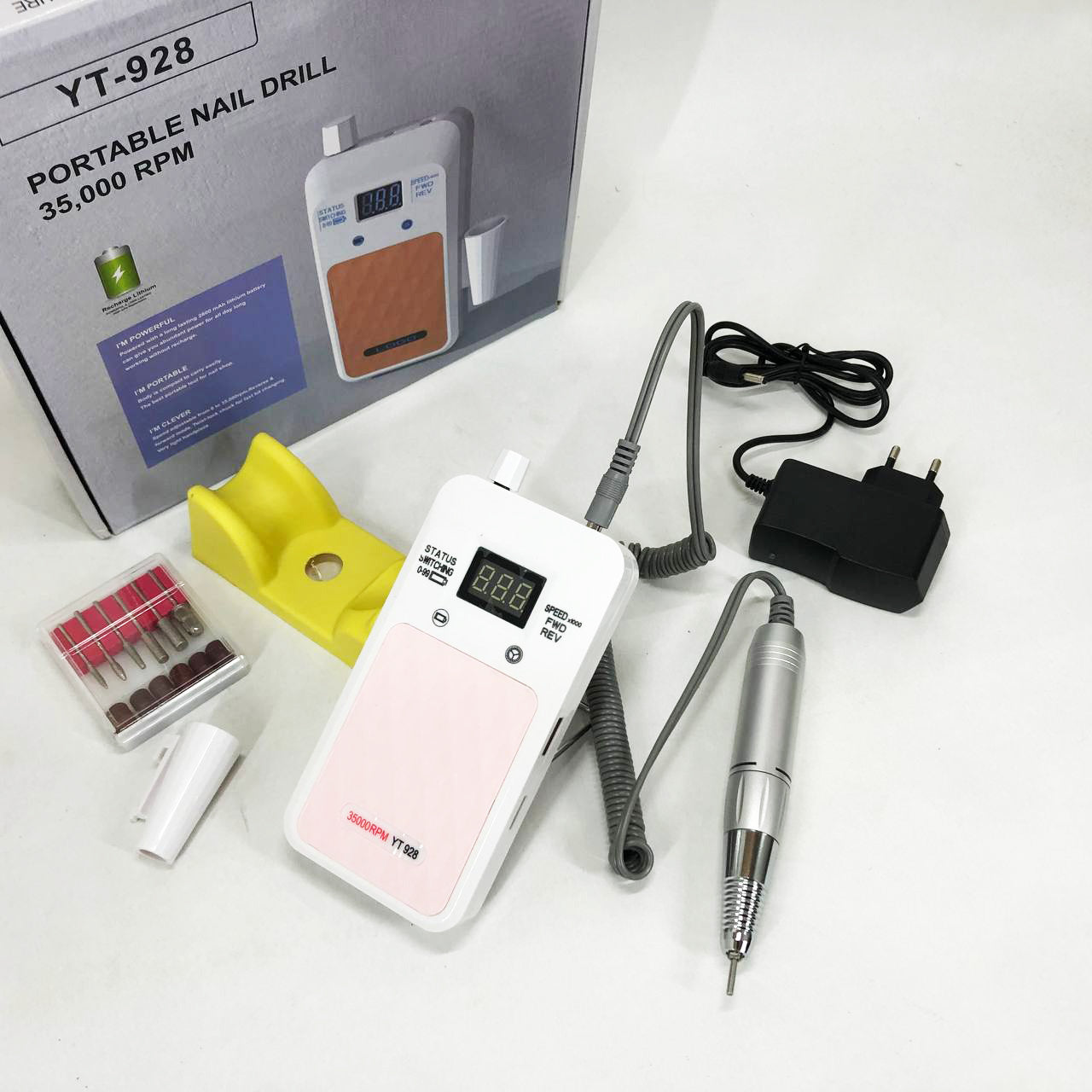 Портативный Фрезер для ногтей Nail Drill YT-928 аккумуляторный с индикатором заряда на 35 000 оборотов. Цвет: белый