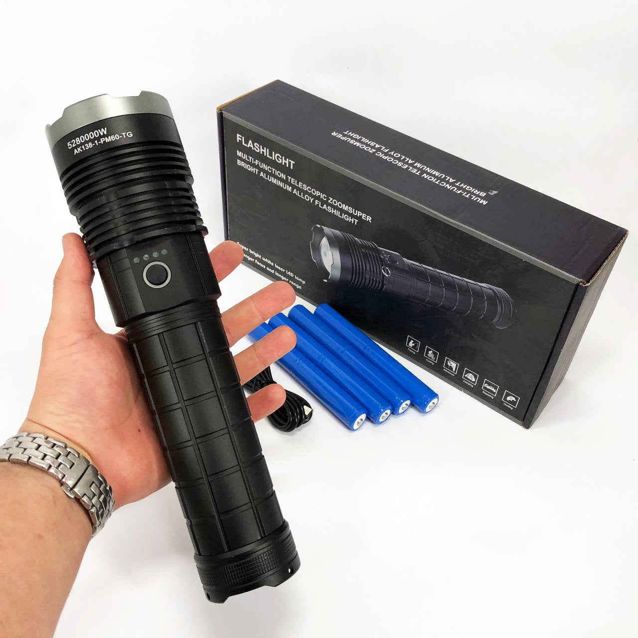 Фонарь ручной модели Police AK138-1 WHITE LASER LED PM60-TG 8х18650, USB-зарядка, Power Bank, зум