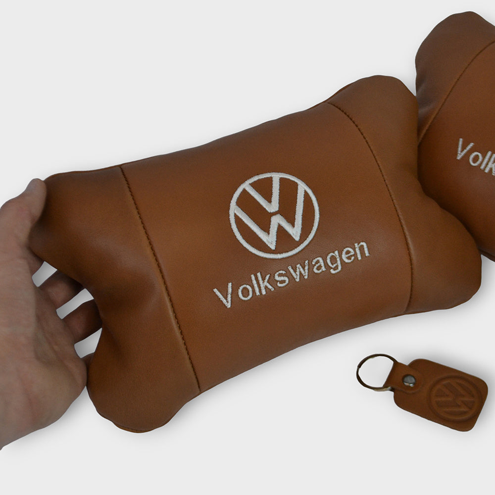 Набор подушек 2шт для автомобиля Volkswagen из натуральной коричневой кожи. Подушки на подголовник