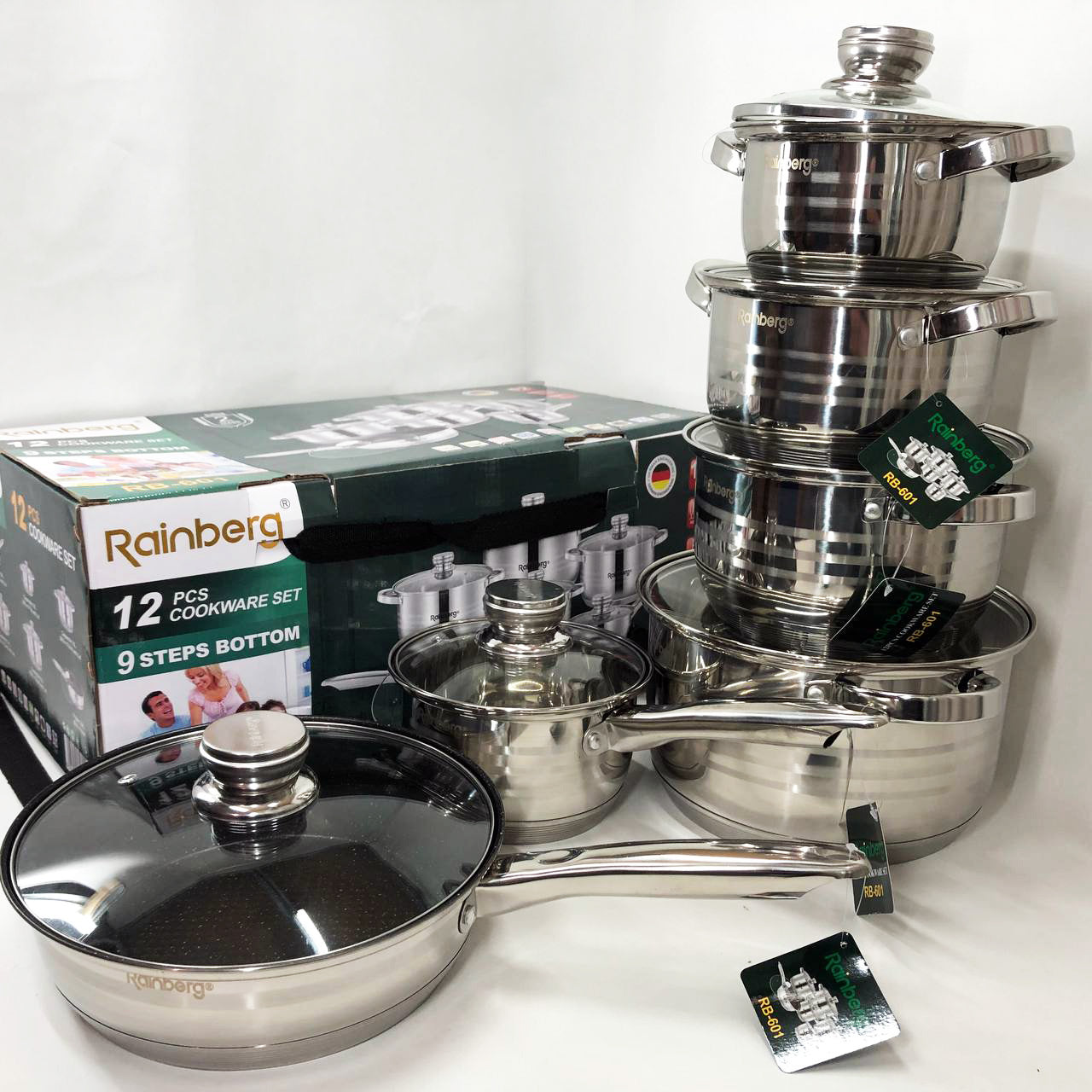 Набор посуды Rainberg RB-601 (12 предметов) из нержавеющей стали, кастрюли из нержавейки для плиты