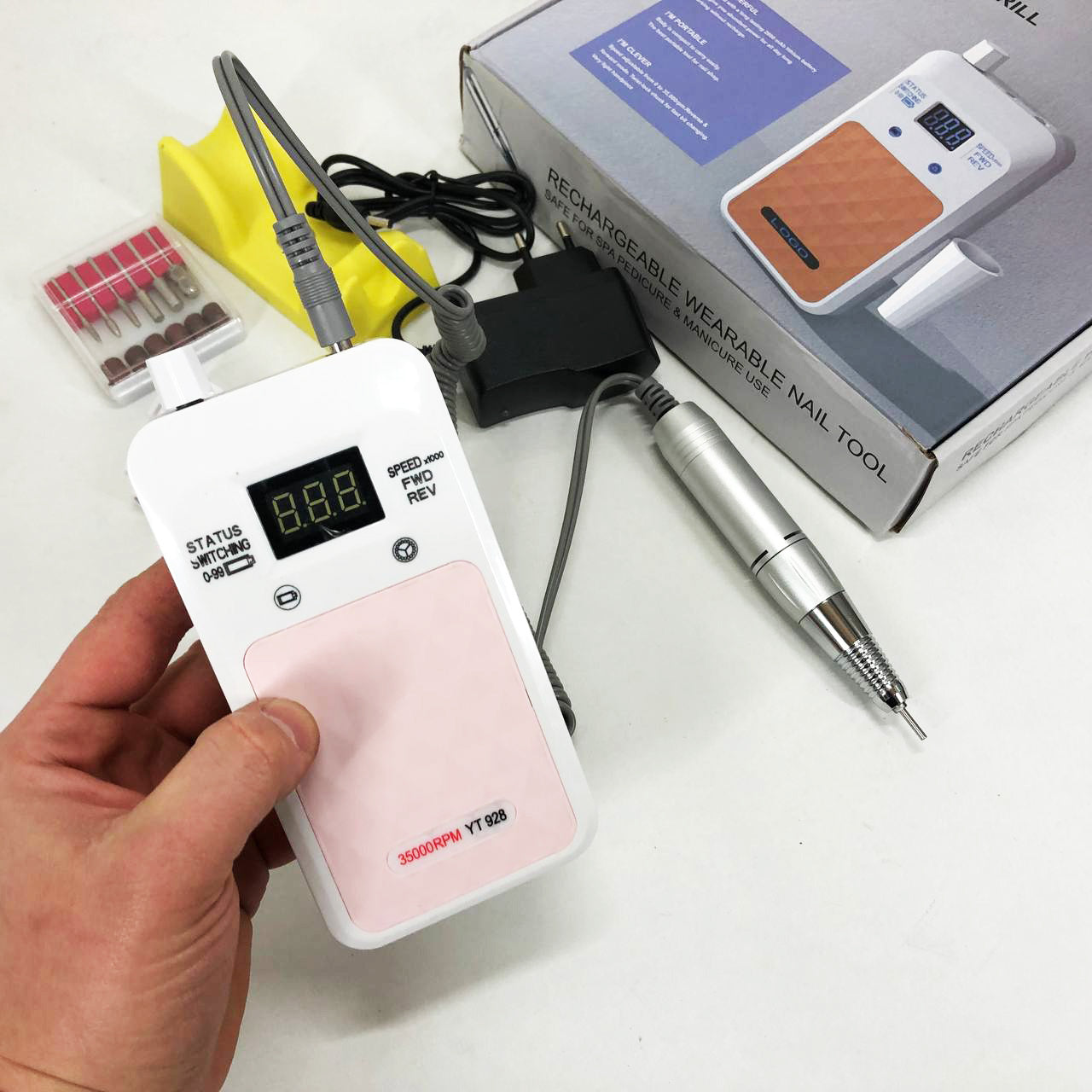 Портативный Фрезер для ногтей Nail Drill YT-928 аккумуляторный с индикатором заряда на 35 000 оборотов. Цвет: белый