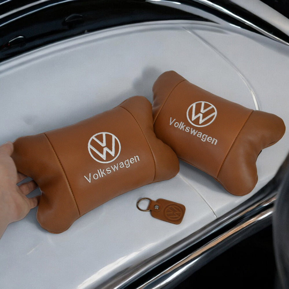 Набор подушек 2шт для автомобиля Volkswagen из натуральной коричневой кожи. Подушки на подголовник