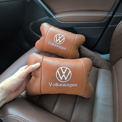 Набор подушек 2шт для автомобиля Volkswagen из натуральной коричневой кожи. Подушки на подголовник