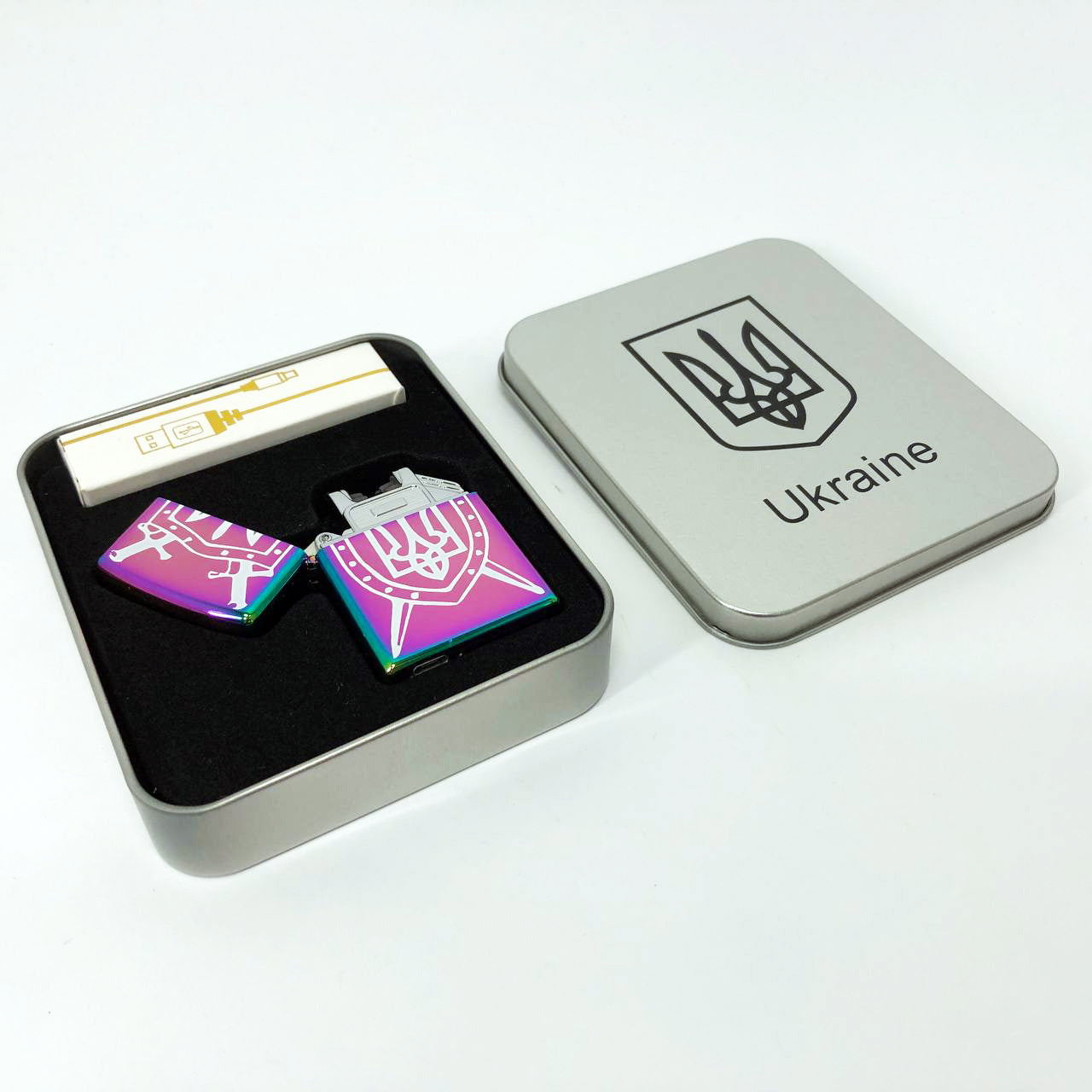 Дуговая электроимпульсная USB зажигалка Украина металлическая коробка HL-446. Цвет: хамелеон