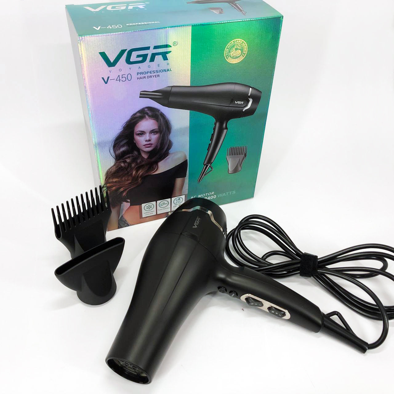 Професійний фен VGR V-450 для сушіння укладання волосся 2400 Вт режим Turbo, Повітряний стайлер для волосся