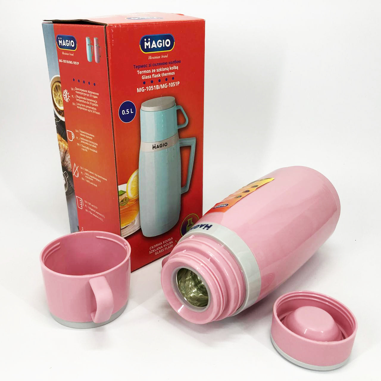 Термос Magio MG-1051P со стеклянной колбой, Термос для питьевой воды, термос для дома. Цвет: розовый