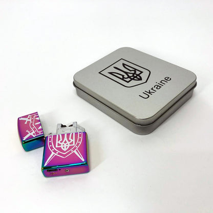 Дуговая электроимпульсная USB зажигалка Украина металлическая коробка HL-446. Цвет: хамелеон