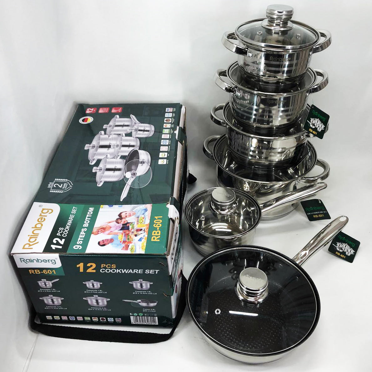 Набор посуды Rainberg RB-601 (12 предметов) из нержавеющей стали, кастрюли из нержавейки для плиты