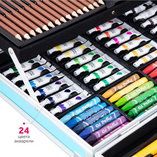 Набор для творчества в алюминиевом чемодане Единорог 145 предметов, чемодан для рисования детский кейс. Цвет: голубой